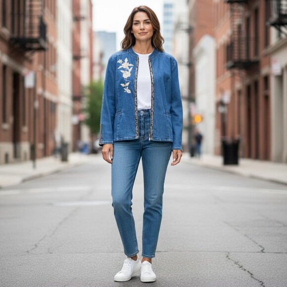 Vintage Yi Lin Oriental Embroidered Denim Zip Jacket Plus Sz 1X Blue #200N - Picture 3 of 11